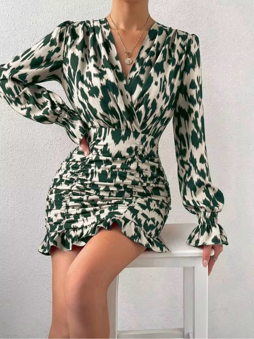SHEIN Green and Cream Printed Ruched Wrap Mini Dress